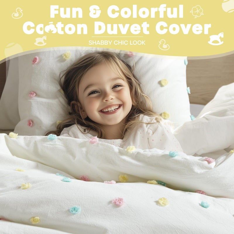 Intelligent Design Kids Duvet Cotton Jacquard Weave Colorful Poms Accent, Shabby Chic Cover for Comforter Cozy Bedding Set, Matching Shams, Decorative Pillows, Twin/Twin XL, Ivory, 4 Piece - Image 2